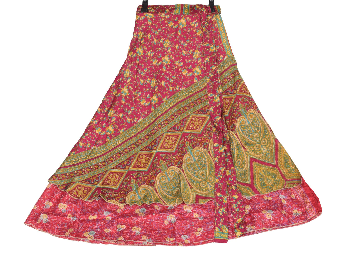 Sushila Vintage Floral Red Saree Magic Wrap Reversible Skirt Art Silk Beach Dress