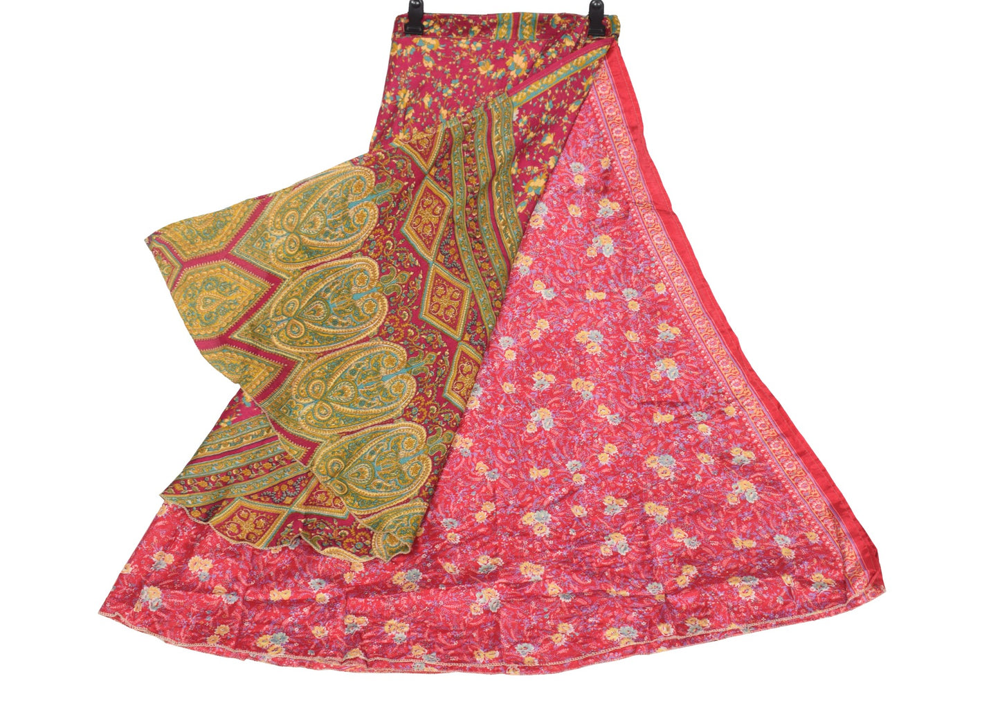 Sushila Vintage Floral Red Saree Magic Wrap Reversible Skirt Art Silk Beach Dress
