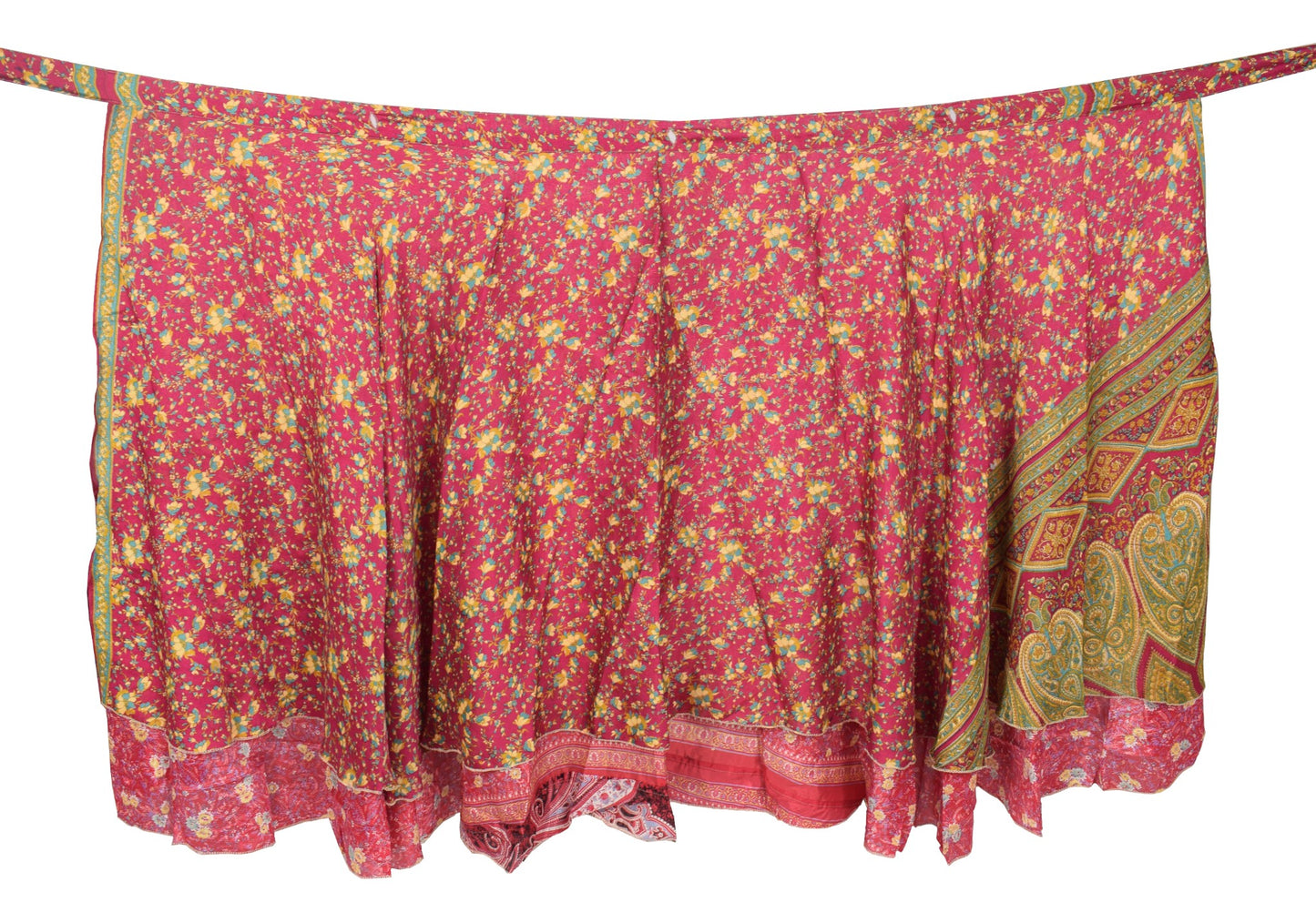 Sushila Vintage Floral Red Saree Magic Wrap Reversible Skirt Art Silk Beach Dress