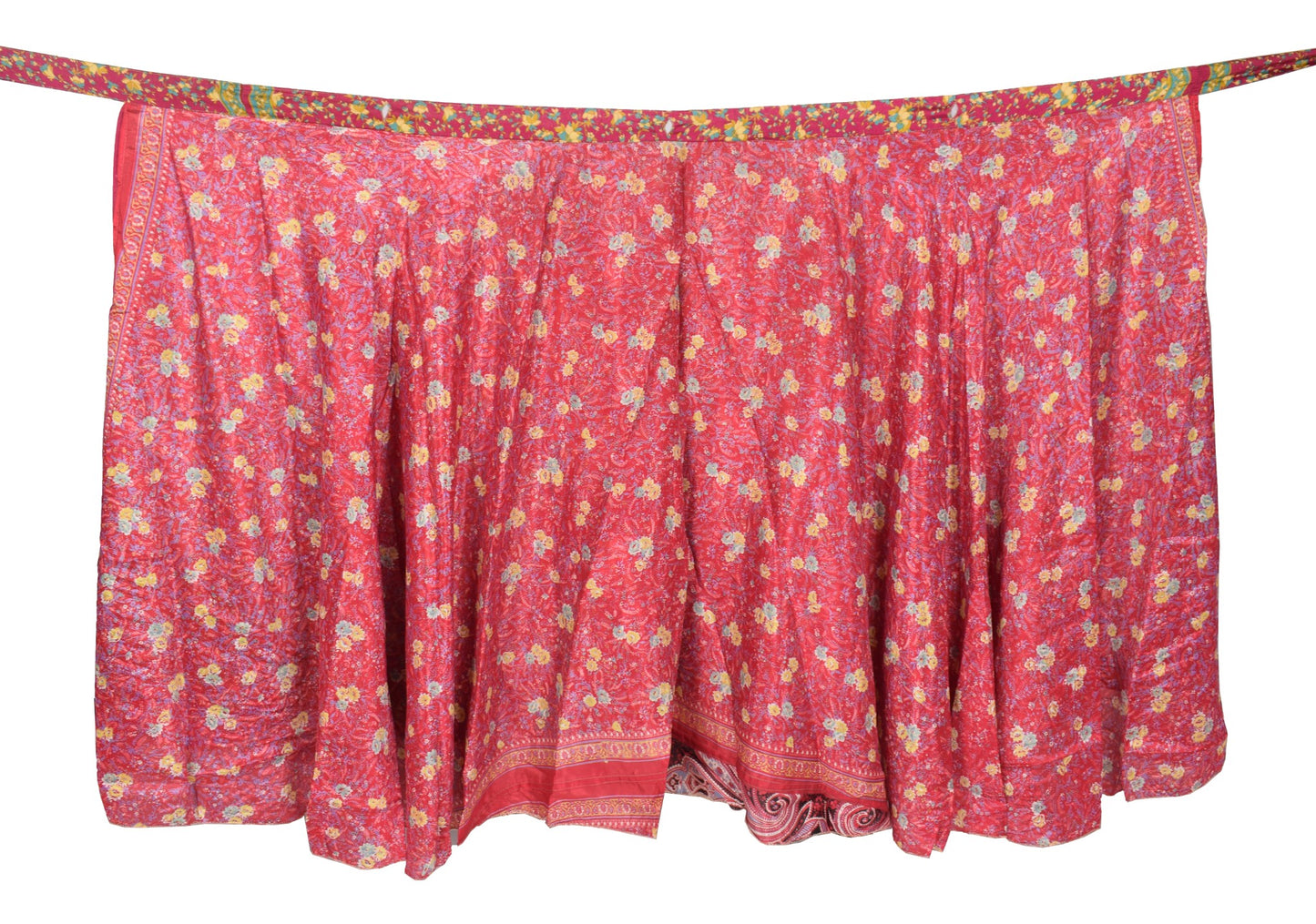 Sushila Vintage Floral Red Saree Magic Wrap Reversible Skirt Art Silk Beach Dress