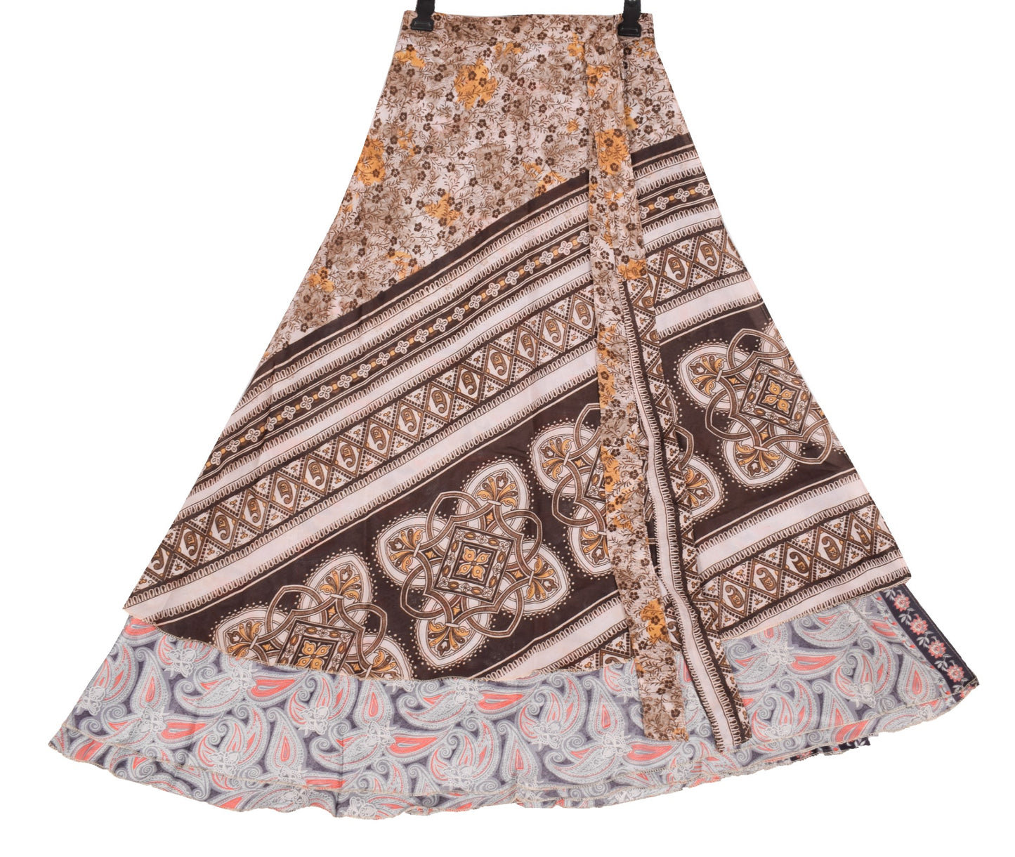 Sushila Vintage Gray Paisley Saree Magic Wrap Reversible Skirt Art Silk Beach Dress