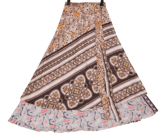 Sushila Vintage Gray Paisley Saree Magic Wrap Reversible Skirt Art Silk Beach Dress