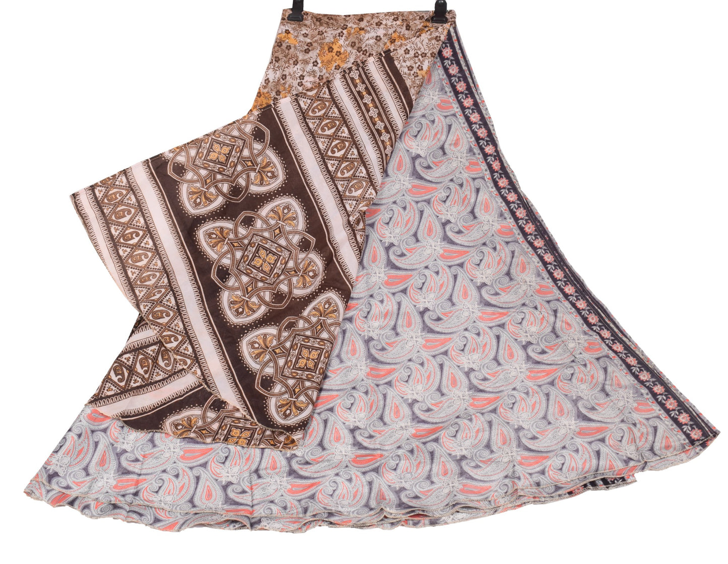 Sushila Vintage Gray Paisley Saree Magic Wrap Reversible Skirt Art Silk Beach Dress