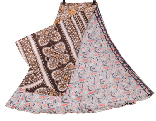 Sushila Vintage Gray Paisley Saree Magic Wrap Reversible Skirt Art Silk Beach Dress