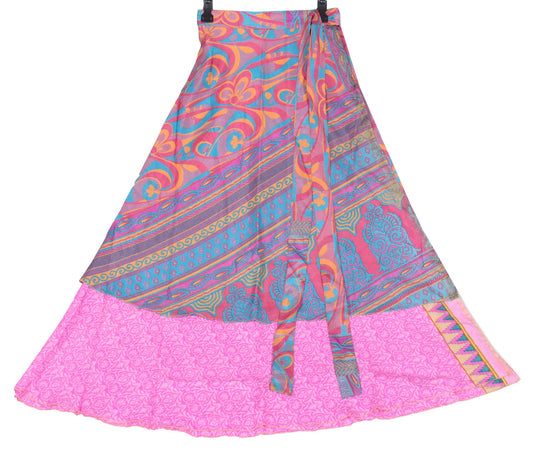 Sushila Vintage Floral Pink Saree Magic Wrap Reversible Skirt Art Silk Beach Dress