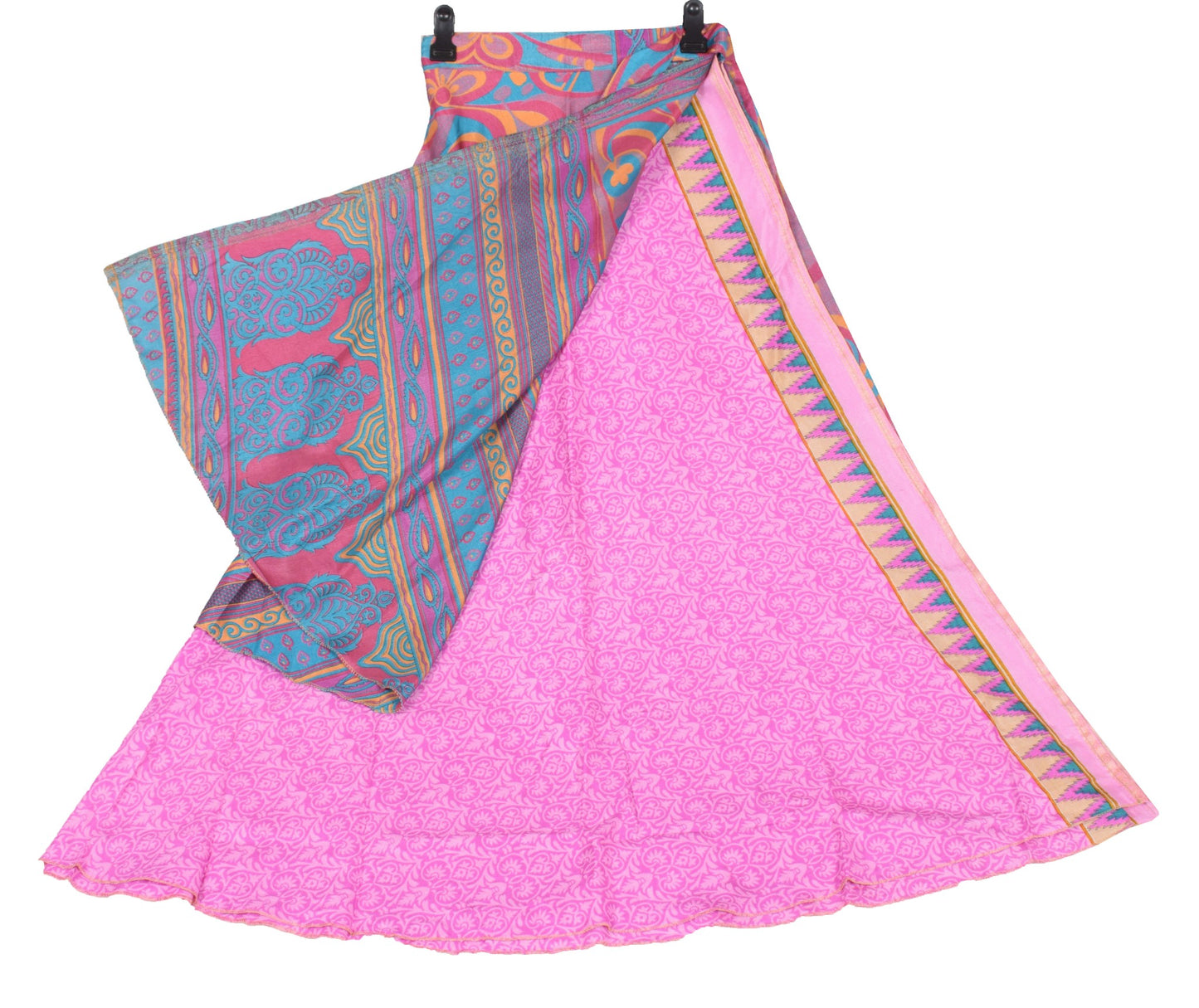 Sushila Vintage Floral Pink Saree Magic Wrap Reversible Skirt Art Silk Beach Dress