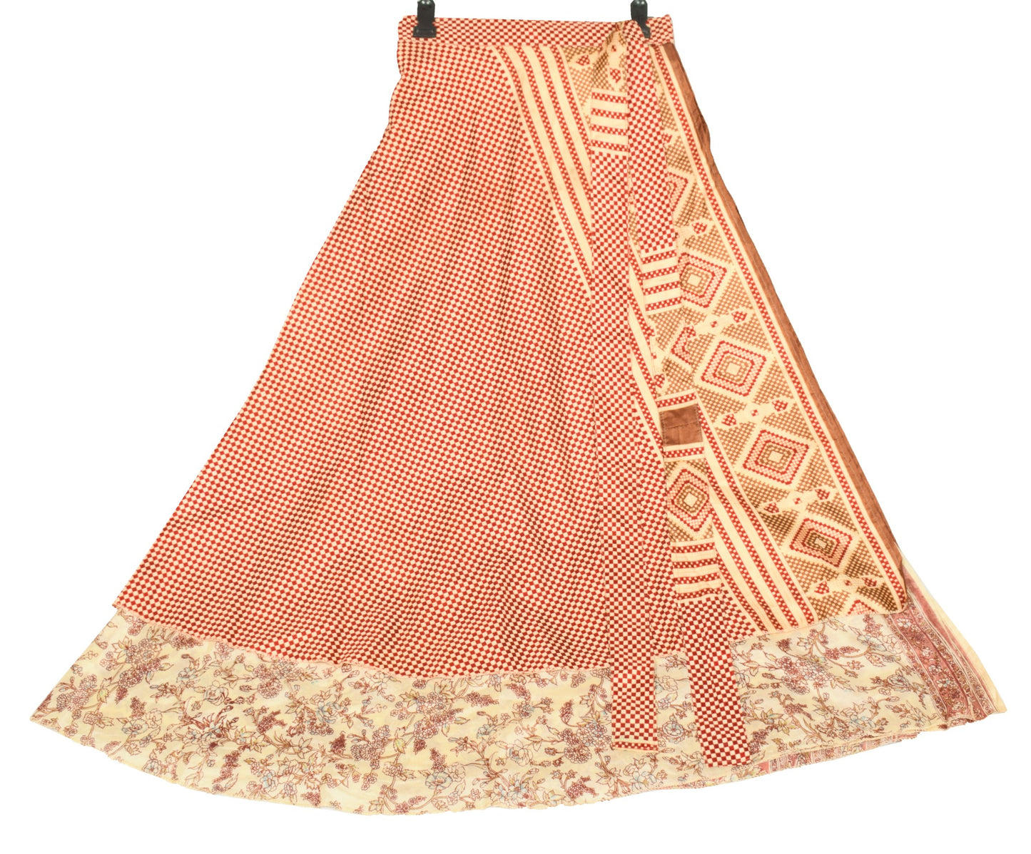 Sushila Vintage Cream Floral Saree Magic Wrap Reversible Skirt Art Silk Beach Dress