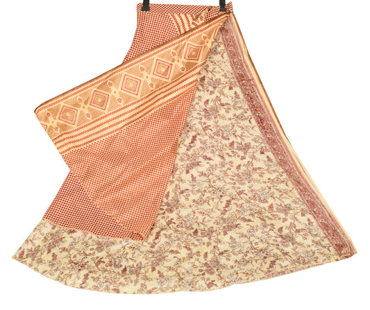 Sushila Vintage Cream Floral Saree Magic Wrap Reversible Skirt Art Silk Beach Dress