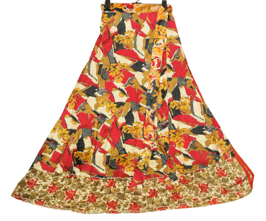 Sushila Vintage Art Silk Saree Beige Magic Wrap Reversible Skirt Beach Dress