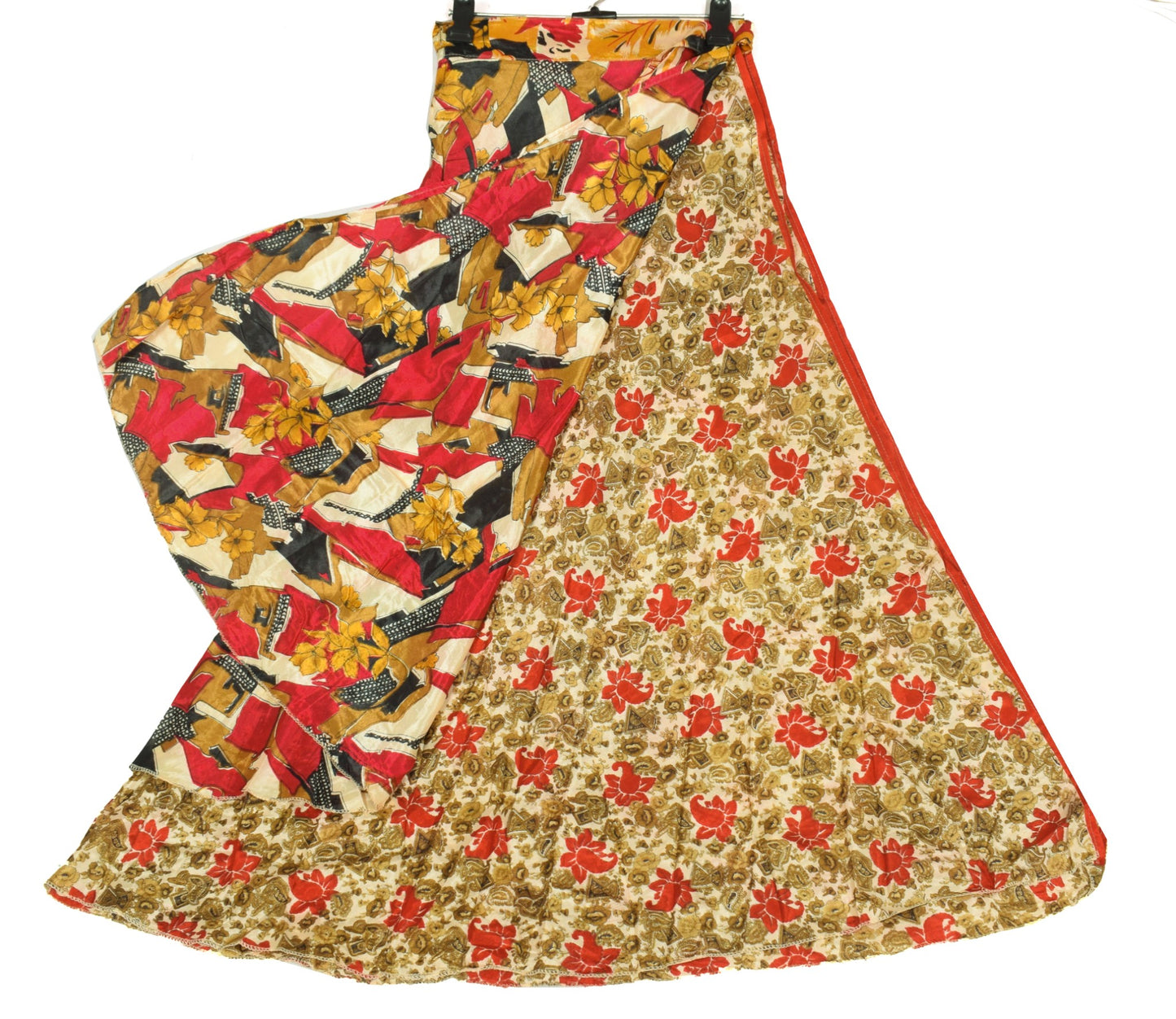 Sushila Vintage Art Silk Saree Beige Magic Wrap Reversible Skirt Beach Dress