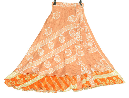 Sushila Vintage Art Silk Saree Magic Wrap Orange Reversible Skirt Beach Dress