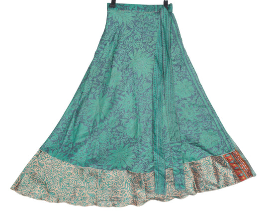 Sushila Vintage Gray Green Saree Magic Wrap Reversible Skirt Art Silk Beach Dress