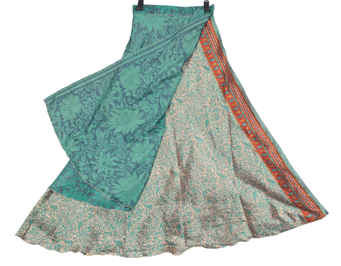 Sushila Vintage Gray Green Saree Magic Wrap Reversible Skirt Art Silk Beach Dress