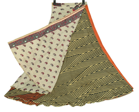 Sushila Vintage Art Silk Saree Magic Wrap Reversible Skirt Zig-Zag Beach Dress