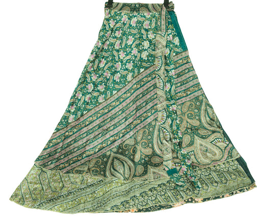 Sushila Vintage Art Silk Saree Magic Wrap Dark Green Reversible Skirt Beach Dress