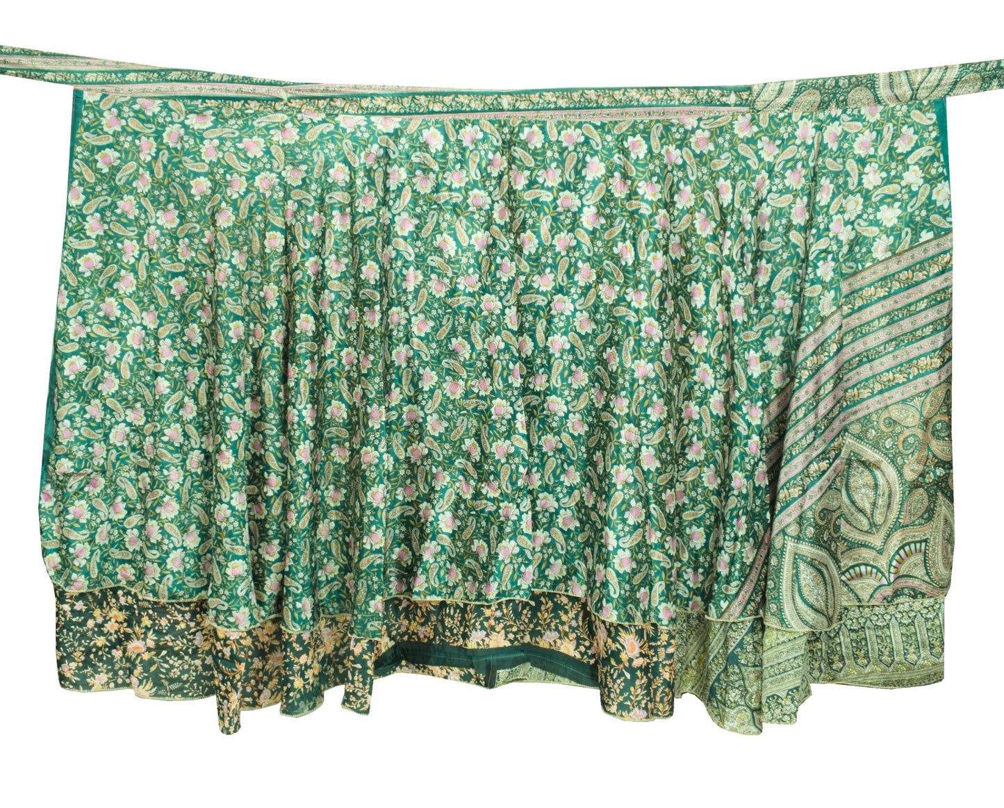 Sushila Vintage Art Silk Saree Magic Wrap Dark Green Reversible Skirt Beach Dress