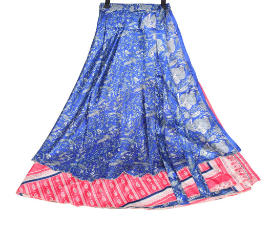 Sushila Vintage Pink Blue Saree Magic Wrap Reversible Skirt Art Silk Beach Dress