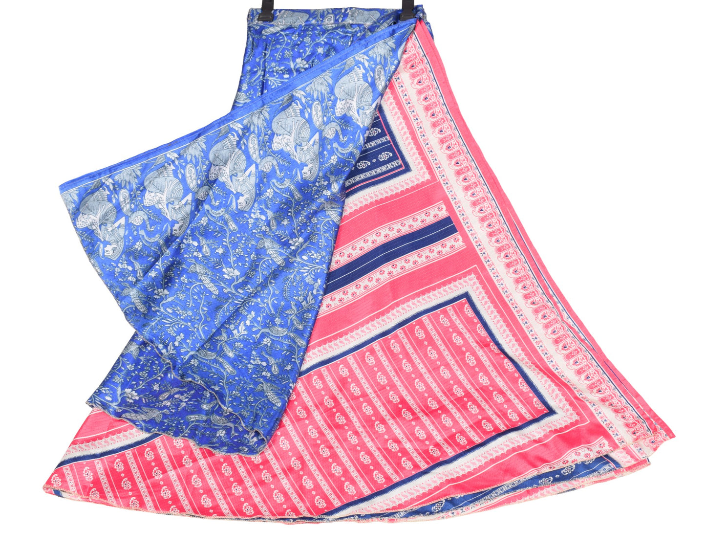 Sushila Vintage Pink Blue Saree Magic Wrap Reversible Skirt Art Silk Beach Dress