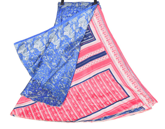 Sushila Vintage Pink Blue Saree Magic Wrap Reversible Skirt Art Silk Beach Dress