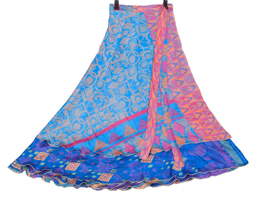 Sushila Vintage Art Silk Saree Magic Wrap Reversible Blue Skirt Beach Dress Boho