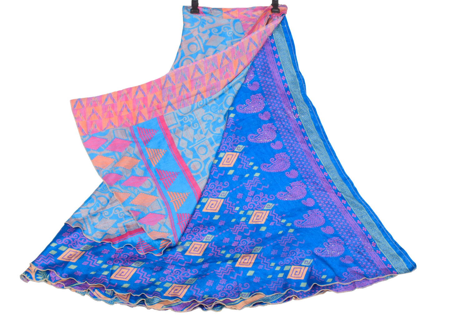 Sushila Vintage Art Silk Saree Magic Wrap Reversible Blue Skirt Beach Dress Boho