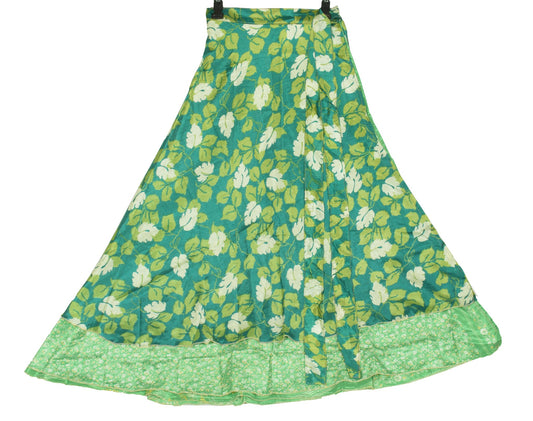 Sushila Vintage Art Silk Saree Magic Wrap Floral Green Reversible Skirt Beach Dress