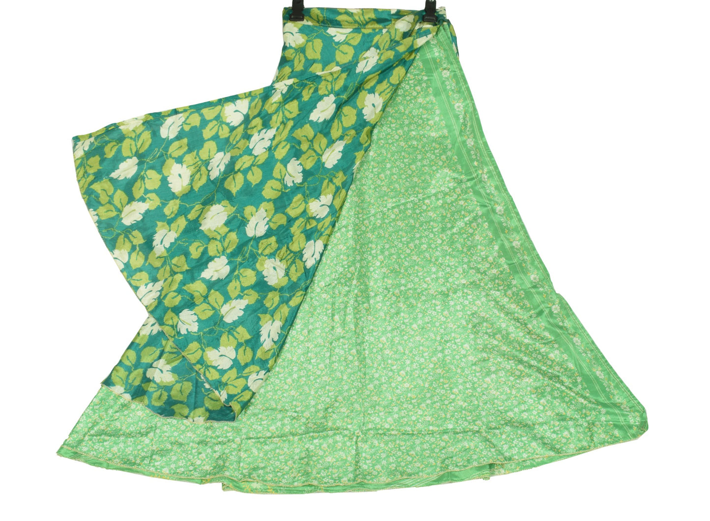 Sushila Vintage Art Silk Saree Magic Wrap Floral Green Reversible Skirt Beach Dress