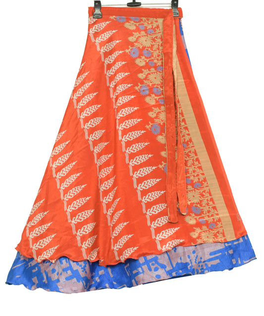 Sushila Vintage Orange Saree Magic Wrap Reversible Skirt Art Silk Beach Dress Boho