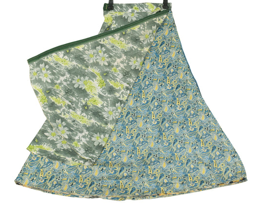 Sushila Vintage Teal Blue Art Silk Saree Magic Wrap Reversible Skirt BeachDress