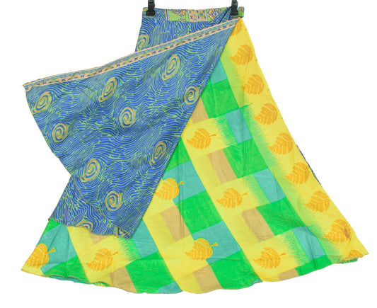 Sushila Vintage Green Blue Saree Magic Wrap Reversible Skirt Art Silk Beach Dress