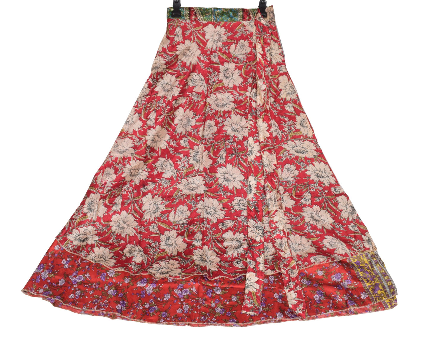 Sushila Vintage ArtSilk Saree Magic Wrap Reversible Skirt Beach Dress Red Floral