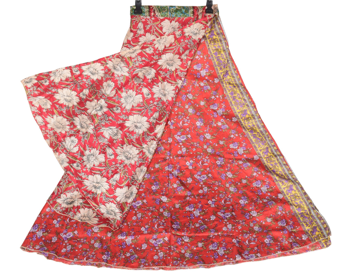 Sushila Vintage ArtSilk Saree Magic Wrap Reversible Skirt Beach Dress Red Floral