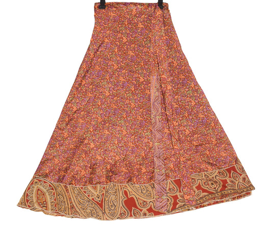 Sushila Vintage Red Saree Magic Wrap Reversible Skirt Floral Art Silk Beach Dress