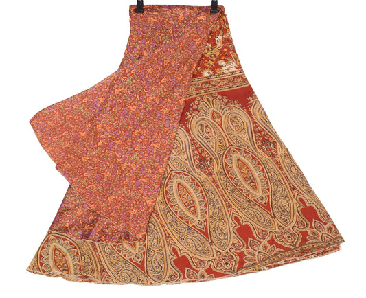 Sushila Vintage Red Saree Magic Wrap Reversible Skirt Floral Art Silk Beach Dress