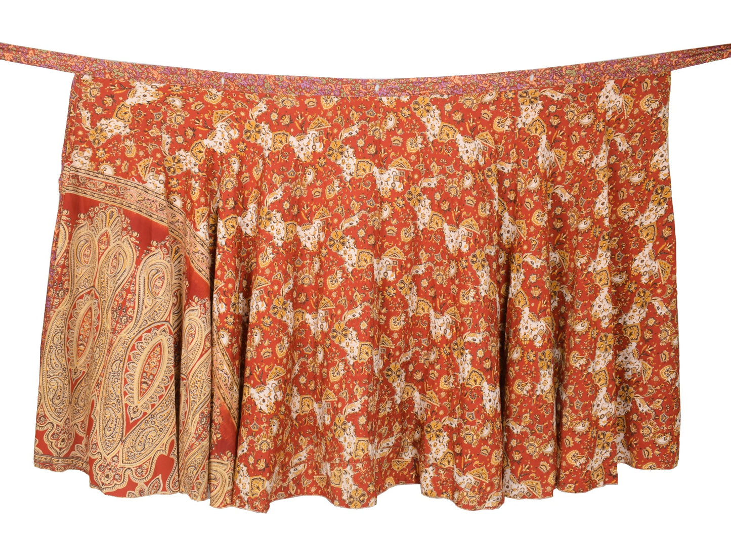 Sushila Vintage Red Saree Magic Wrap Reversible Skirt Floral Art Silk Beach Dress