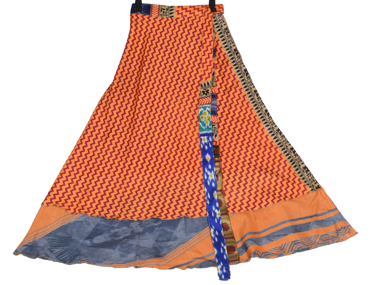 Sushila Vintage Gray Orange Saree Magic Wrap Art Silk Reversible Skirt Beach Dress