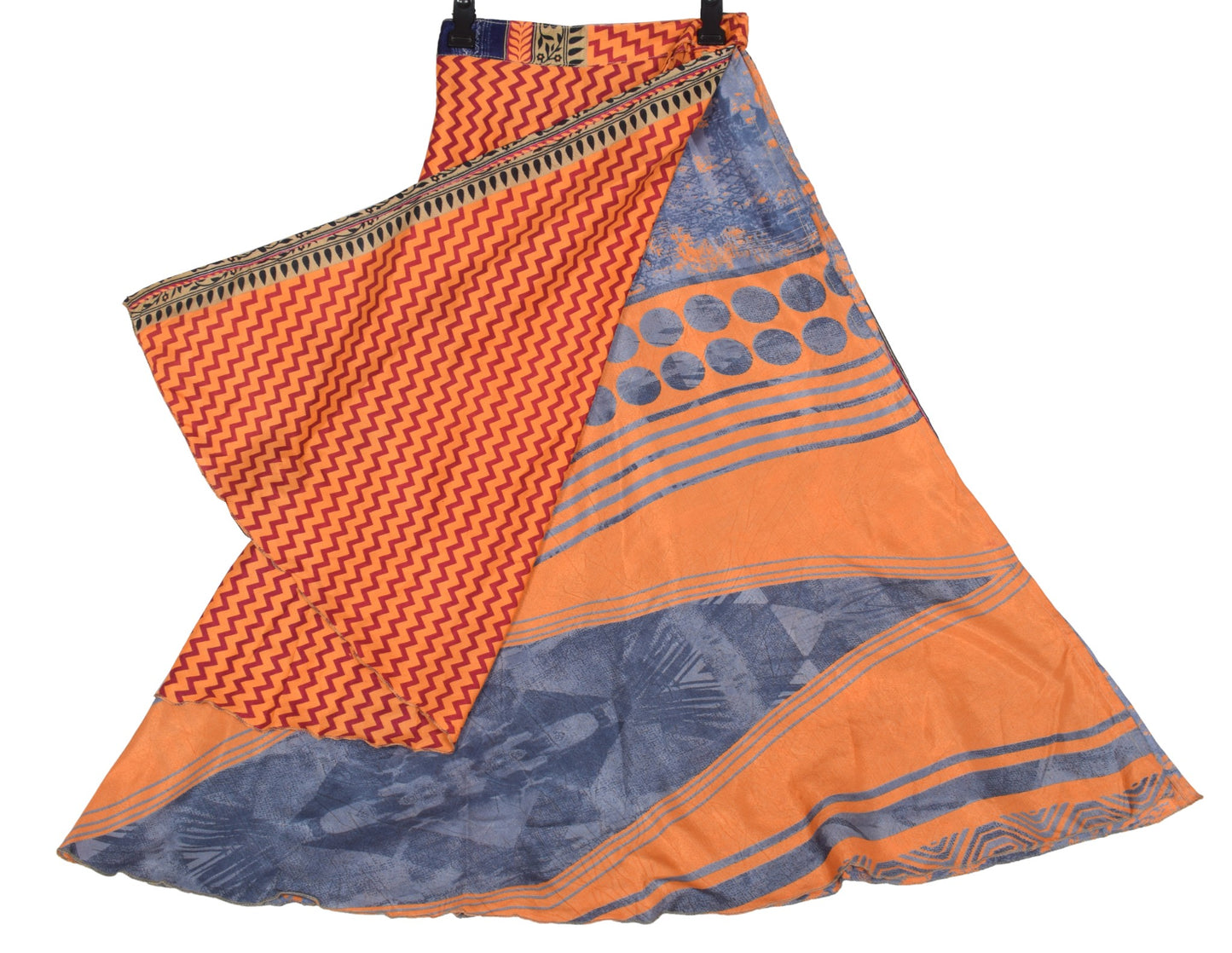 Sushila Vintage Gray Orange Saree Magic Wrap Art Silk Reversible Skirt Beach Dress