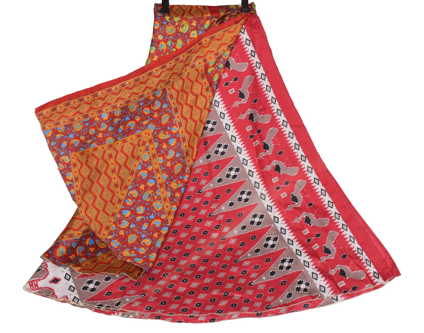 Sushila Vintage Art Silk Saree Magic Wrap Paisley Red Reversible Skirt Beach Dress