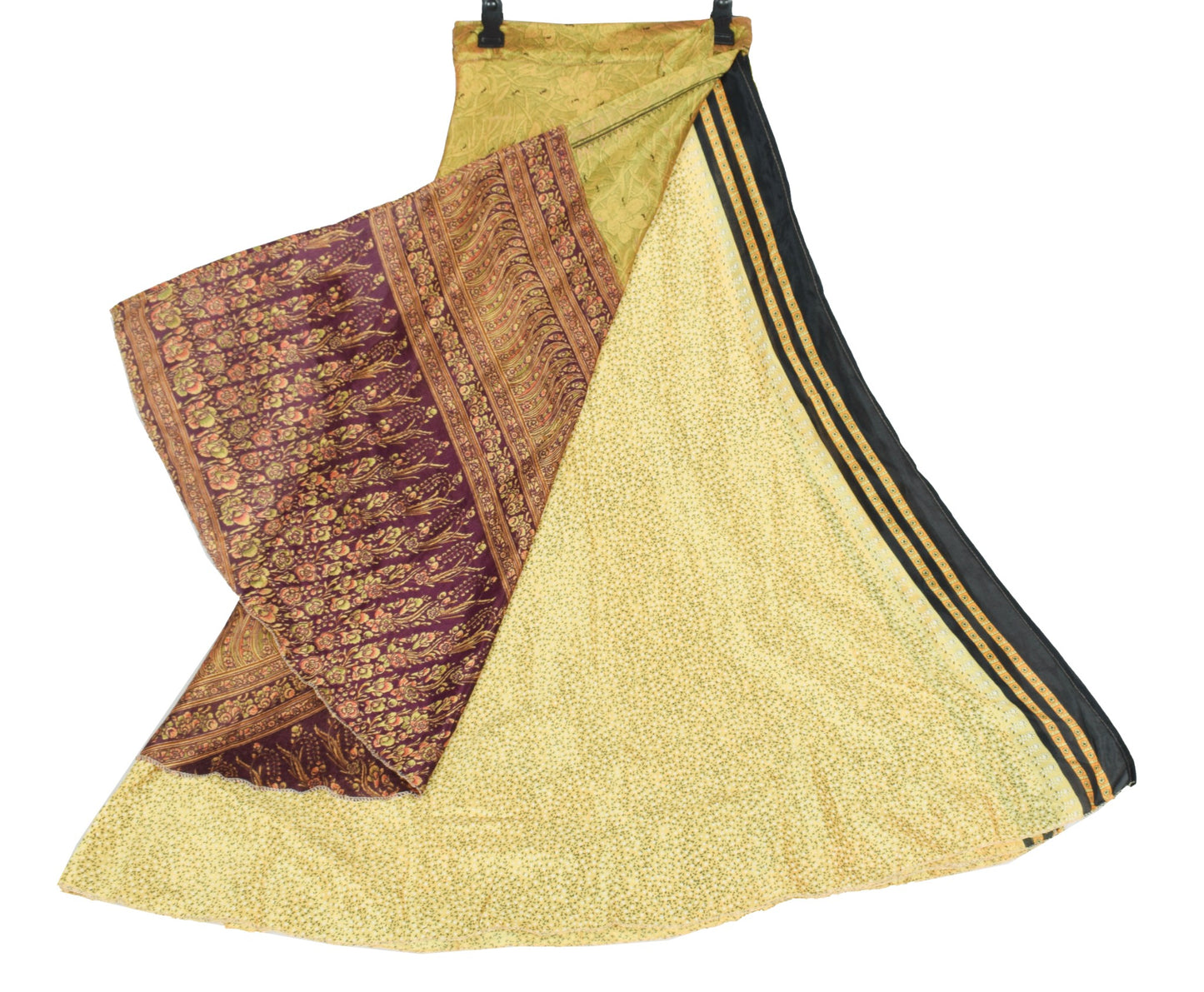 Sushila Vintage Floral Yellow Saree Magic Wrap Reversible Skirt Art Silk BeachDress