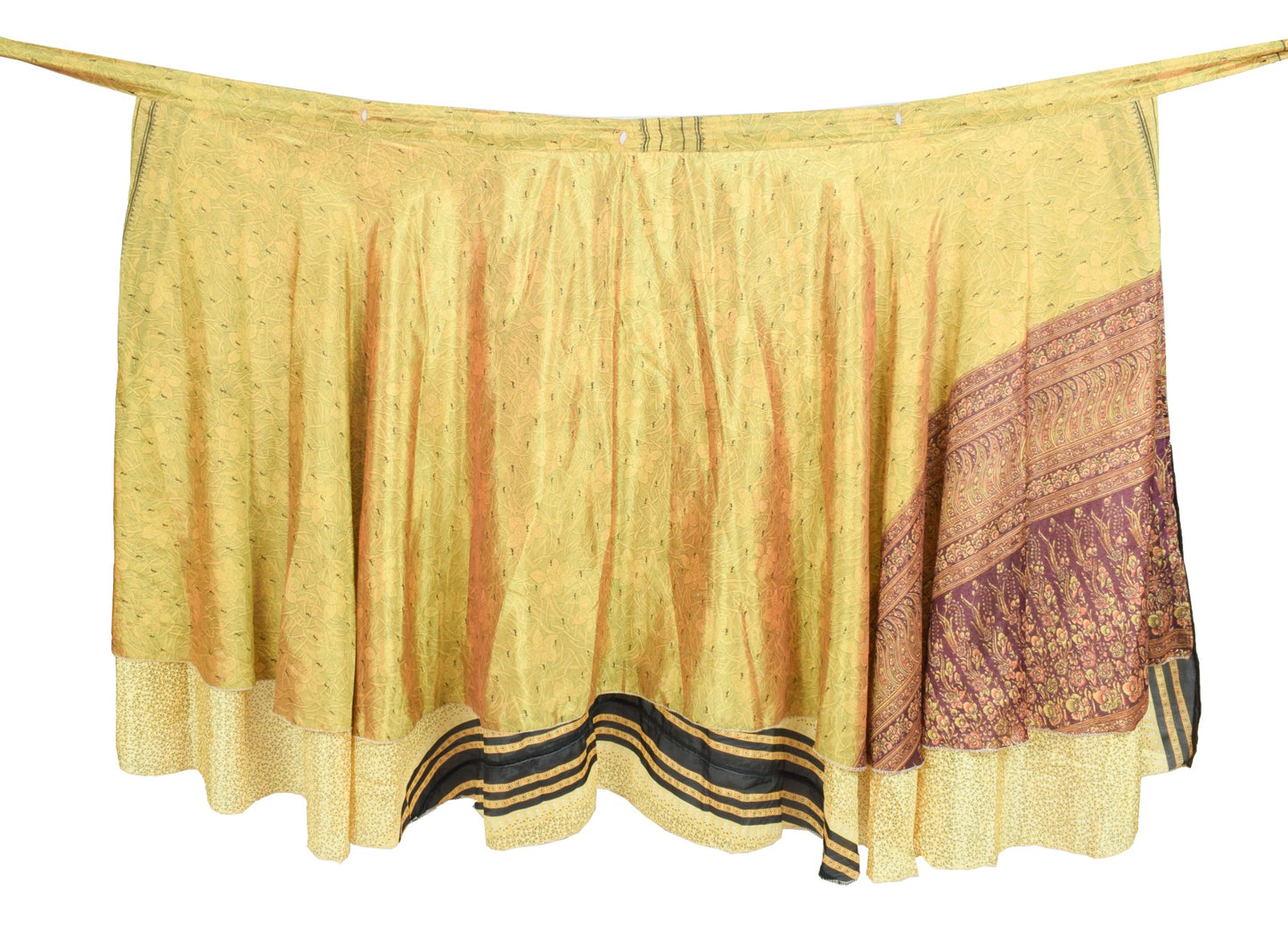 Sushila Vintage Floral Yellow Saree Magic Wrap Reversible Skirt Art Silk BeachDress