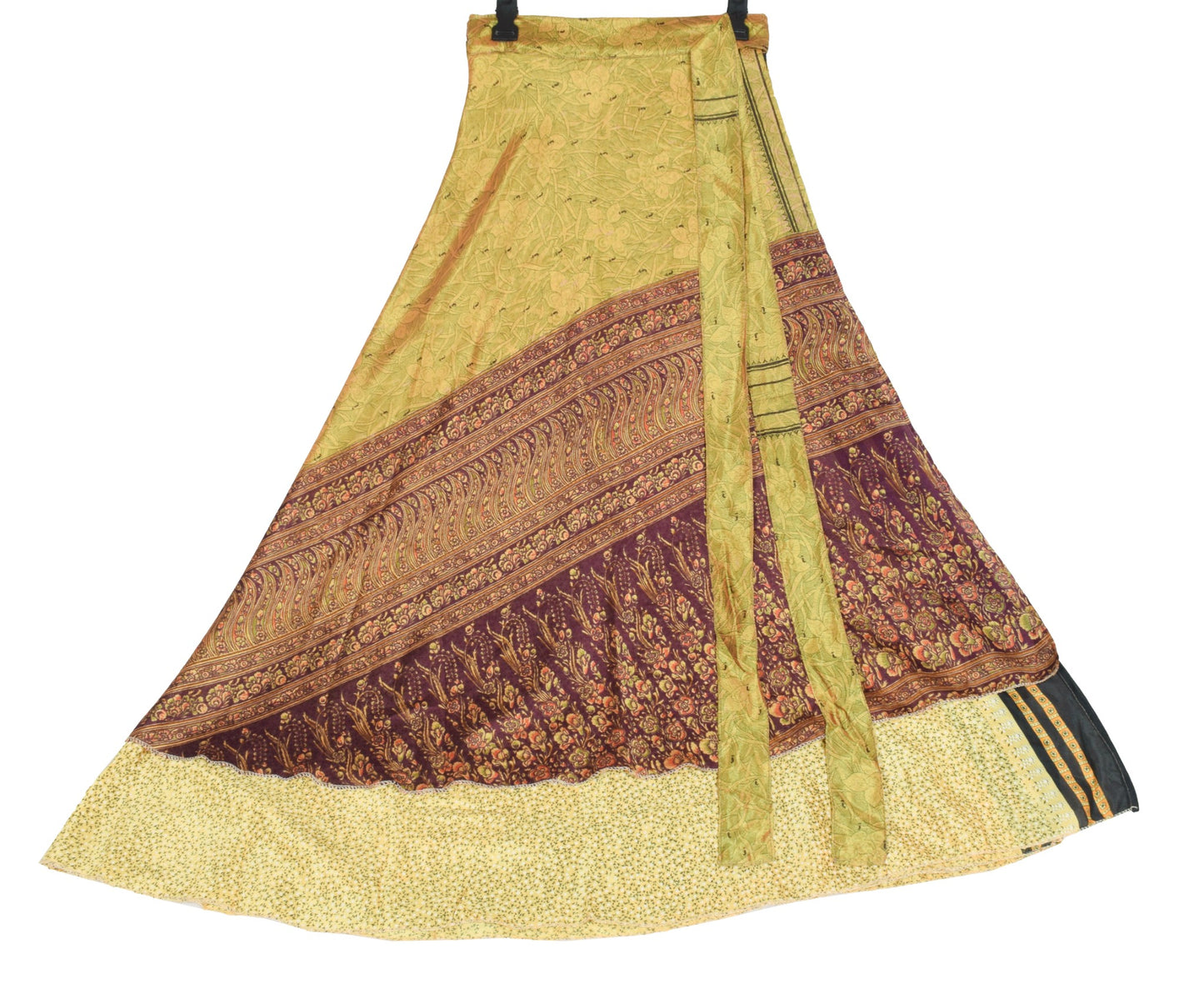 Sushila Vintage Floral Yellow Saree Magic Wrap Reversible Skirt Art Silk BeachDress