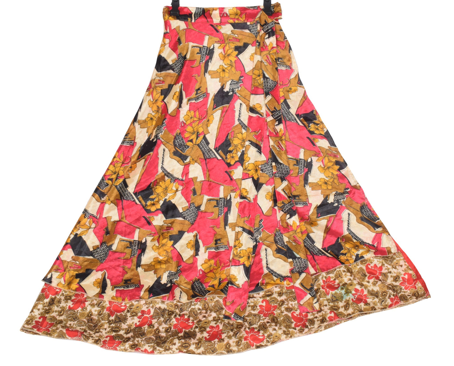 Sushila Vintage Red Saree Magic Wrap Reversible Skirt Art Silk Beach Dress Floral