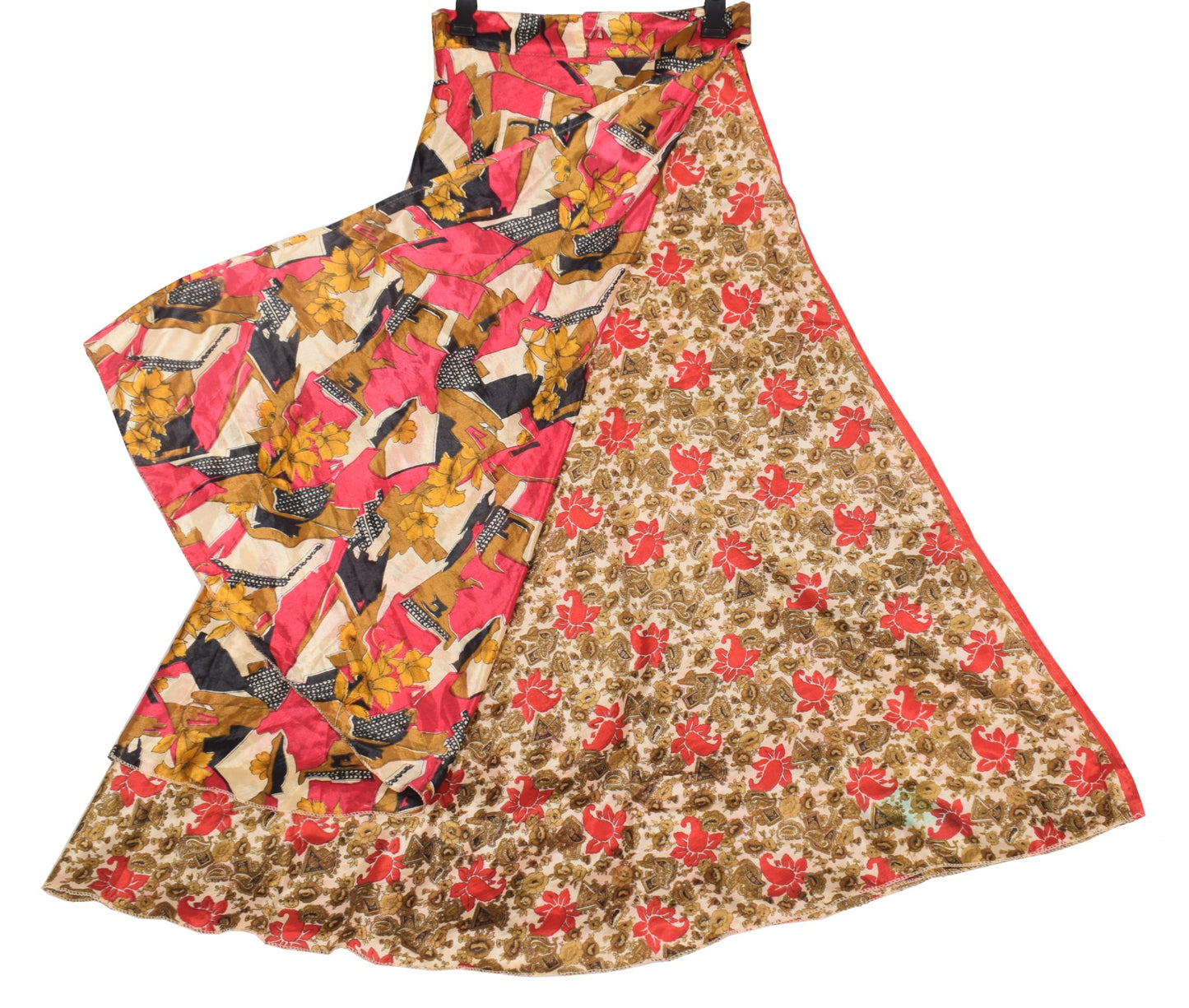 Sushila Vintage Red Saree Magic Wrap Reversible Skirt Art Silk Beach Dress Floral