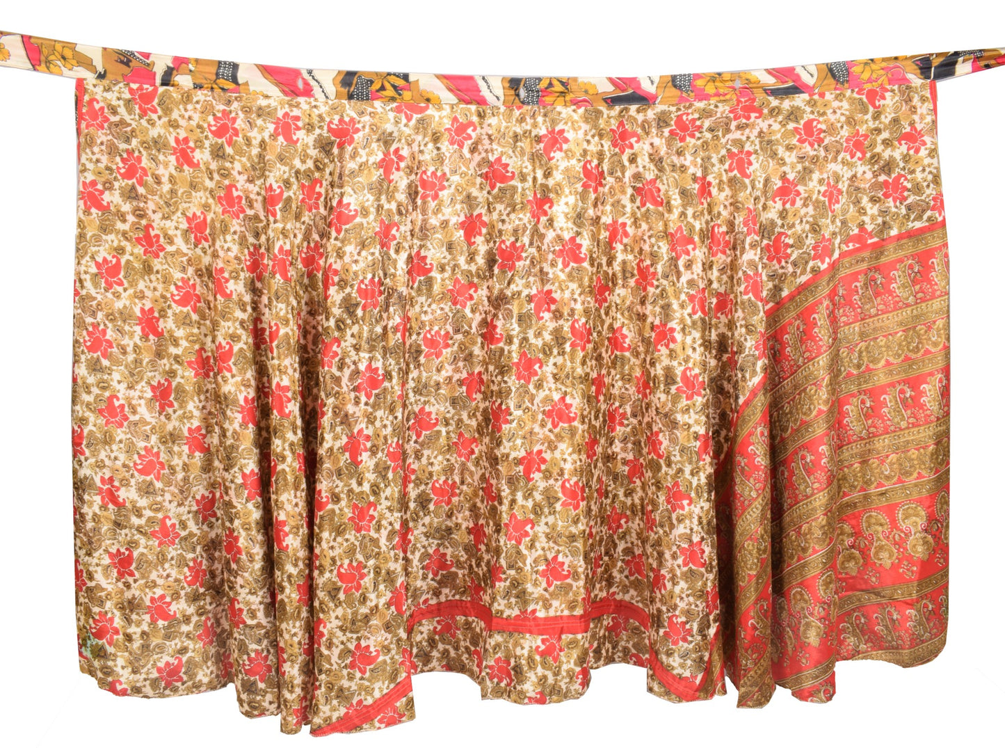Sushila Vintage Red Saree Magic Wrap Reversible Skirt Art Silk Beach Dress Floral