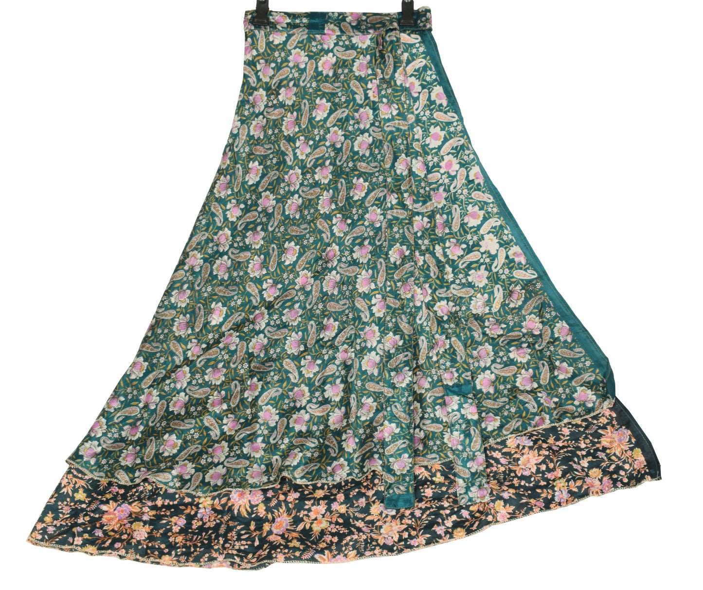Sushila Vintage Dark Green Saree Magic Wrap Reversible Skirt Art Silk Beach Dress