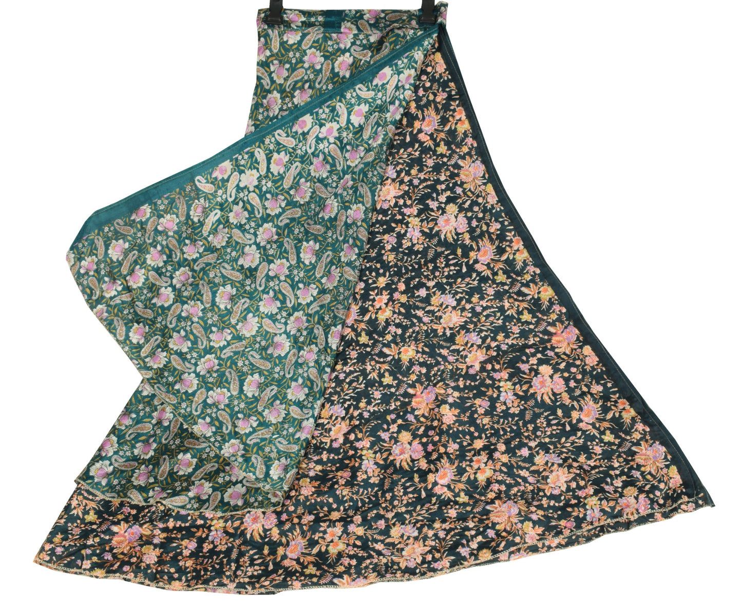 Sushila Vintage Dark Green Saree Magic Wrap Reversible Skirt Art Silk Beach Dress