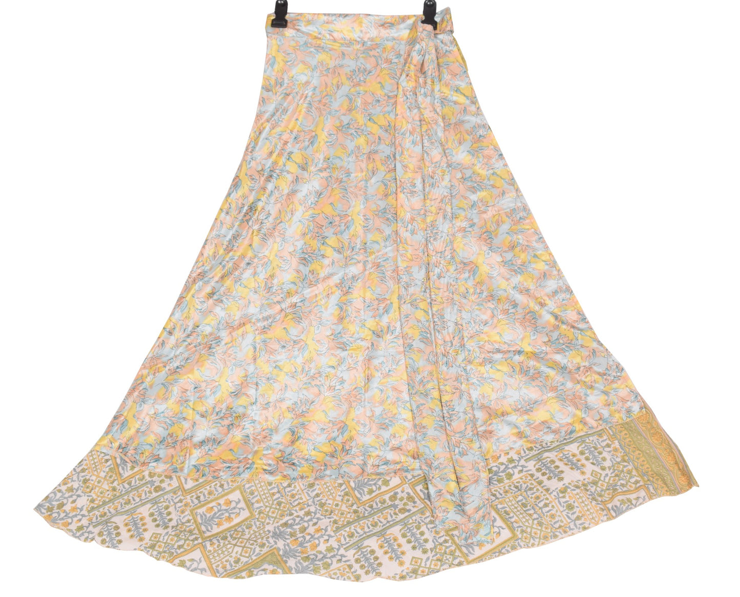 Sushila Vintage Floral Saree Magic Wrap Reversible Skirt White Art Silk Beach Dress