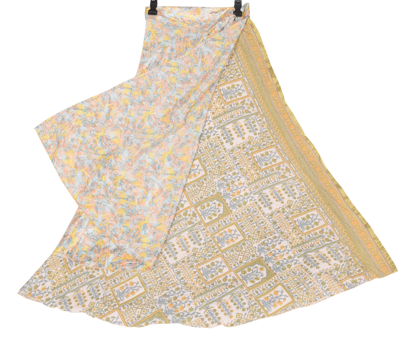 Sushila Vintage Floral Saree Magic Wrap Reversible Skirt White Art Silk Beach Dress