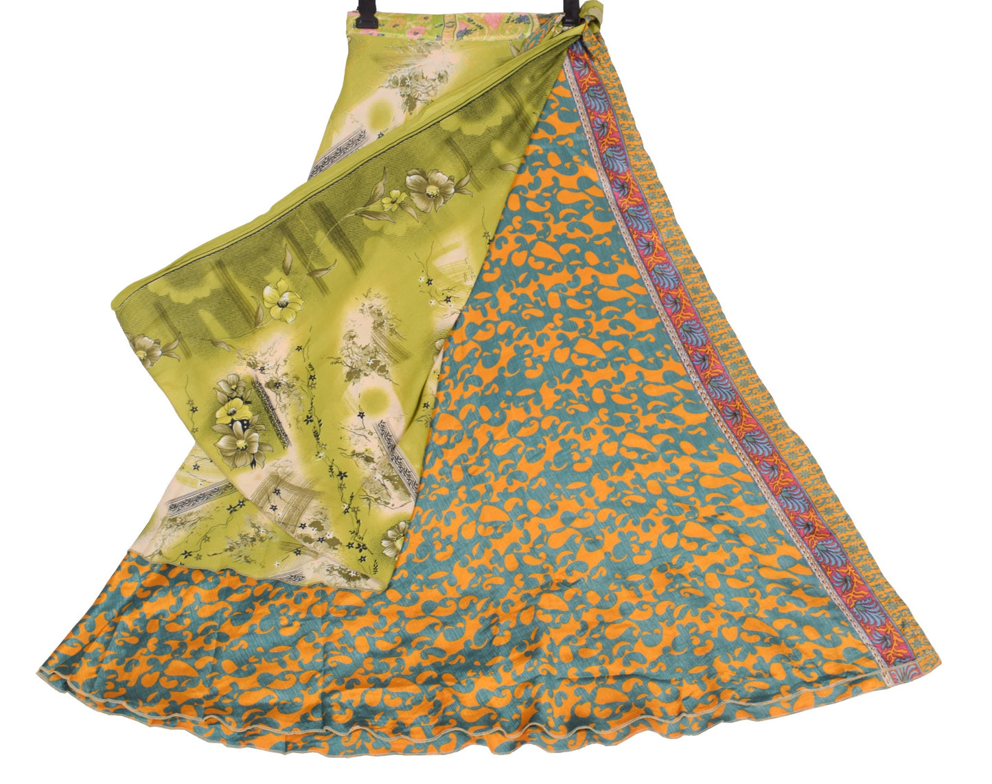 Sushila Vintage Floral Green Saree Magic Wrap Beach Dress Art Silk Reversible Skirt