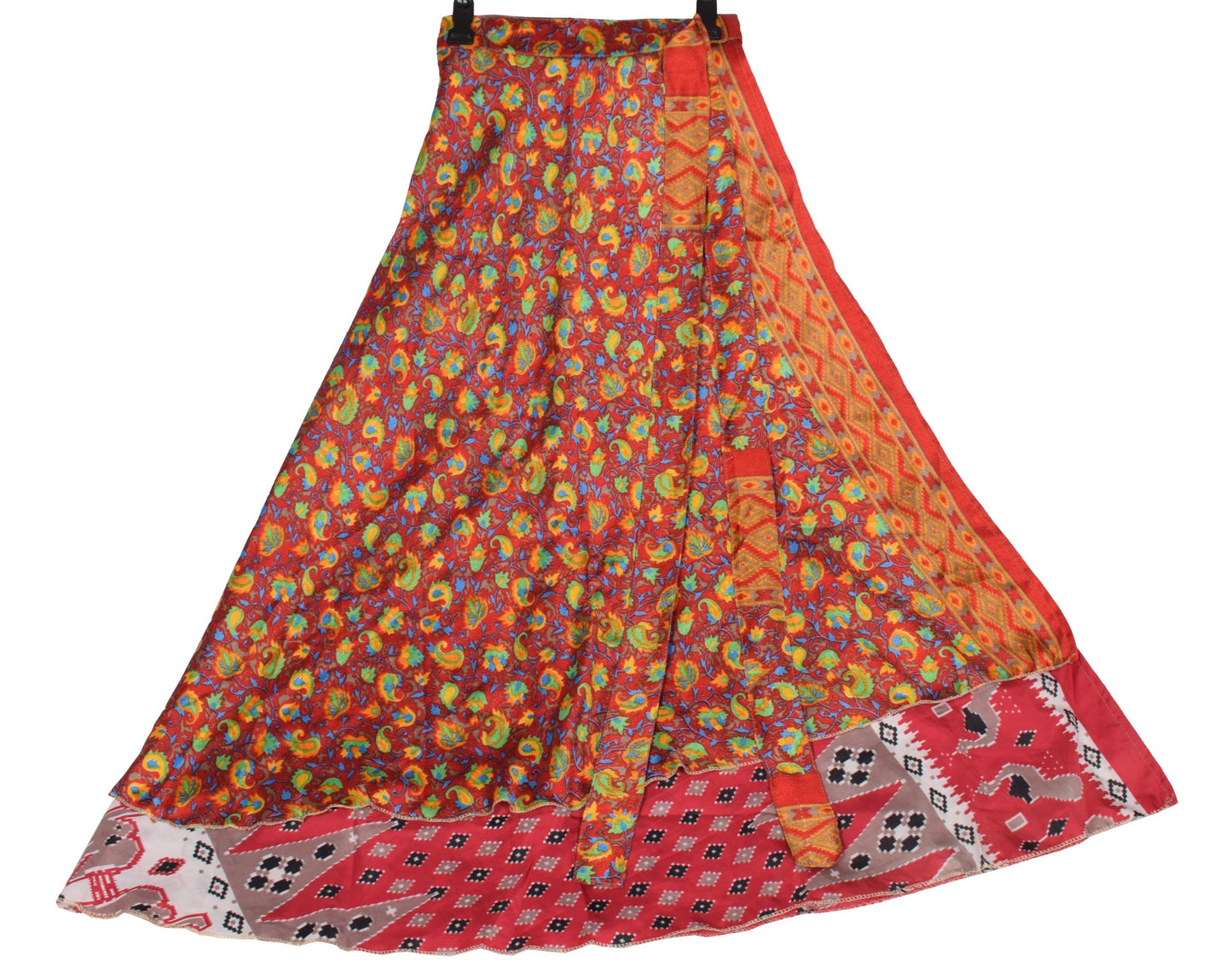 Sushila Vintage Floral Red ArtSilk Saree Magic Wrap Reversible Skirt BeachDress
